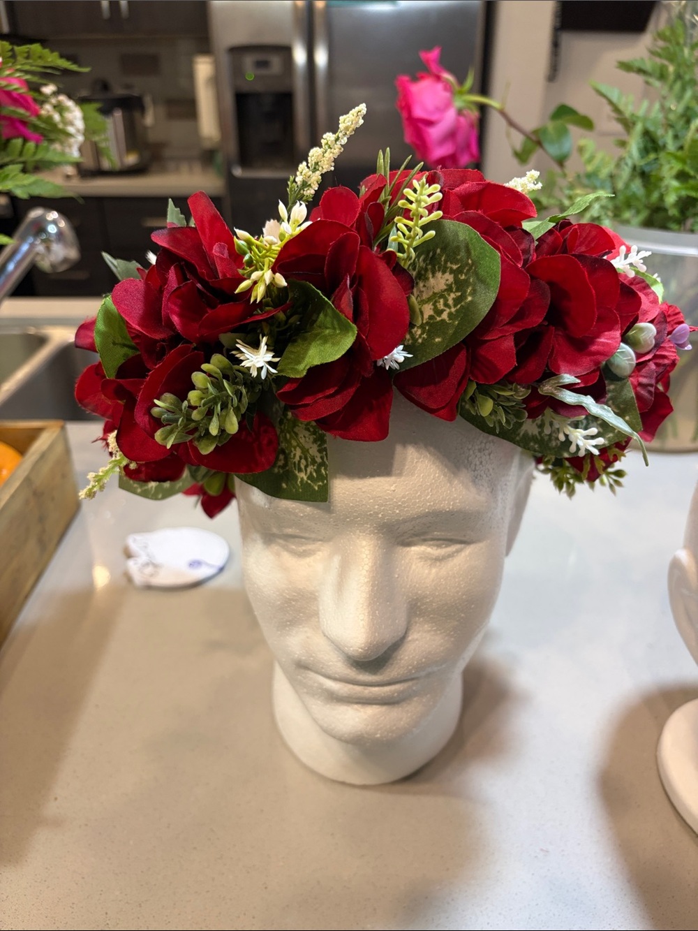 Hand Crafted Deep Red Floral Hair Crown with Greenery